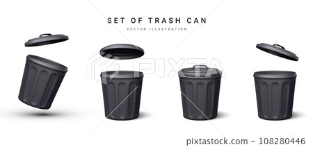Set of 3d realistic black trash can on white background. Vector illustration Set of 3d realistic black trash can on white background. Vector illustration 108280446