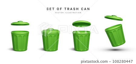 Set of 3d realistic green trash can on white background. Vector illustration 108280447