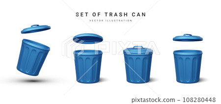 Set of 3d realistic blue trash can on white background. Vector illustration 108280448