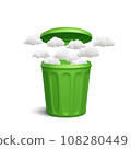 3d realistic minimal open rubbish can with trash clouds output isolated on white background. Environment concept. Air waste. Vector illustration 108280449