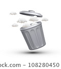 3d realistic minimal open rubbish can with trash clouds output isolated on white background. Environment concept. Air waste. Vector illustration 108280450