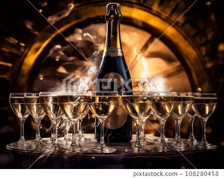 Pyramid of glasses with champagne, champagne is pouring from a bottle New year and christmas background Pyramid of glasses with champagne, champagne is pouring from a bottle New year and christmas background 108280458