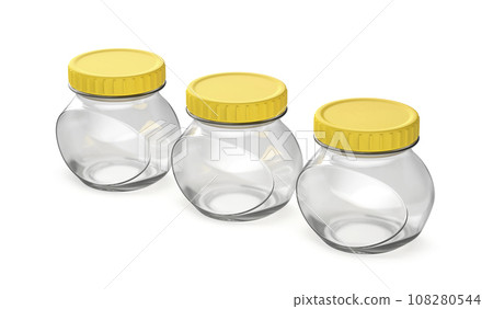 Empty oval glass jars with yellow plastic lids Empty oval glass jars with yellow plastic lids 108280544
