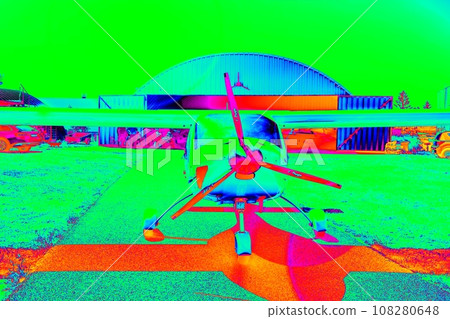 Small airplane waiting on airport. Proeller detail. Thermography scan 108280648