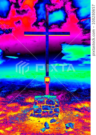 Cross on the top of the mountain. Thermography measurement scan Cross on the top of the mountain. Thermography measurement scan 108280657