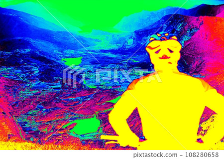Boy on the top of the mountain watch the valley.  Ultraviolet view 108280658