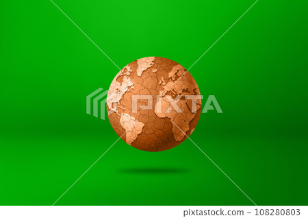 Dry and cracked world globe isolated on green background. Global warming symbol 108280803