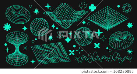 Retro futuristic set. Blue surreal geometric shapes. Abstract vector illustration in trendy psychedelic techno style. Retro futuristic set. Blue surreal geometric shapes. Abstract vector illustration in trendy psychedelic techno style. 108280893