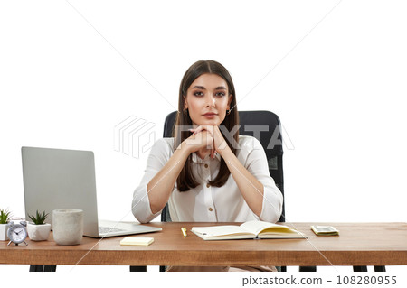 positive entrepreneur woman looking at camera and using laptop for online work at table on white background 108280955