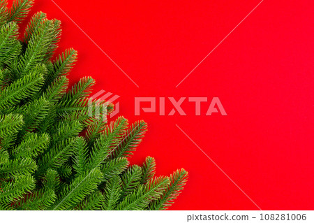 Top view of green fir tree branches on colorful background. New year holiday concept with empty space for your design Top view of green fir tree branches on colorful background. New year holiday concept with empty space for your design 108281006