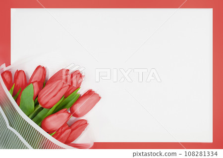 Bouquet of spring red tulips on white paper background. International women's, Valentine, Mother's day, 8 March, birthday. Copy space Bouquet of spring red tulips on white paper background. International women's, Valentine, Mother's day, 8 March, birthday. Copy space 108281334