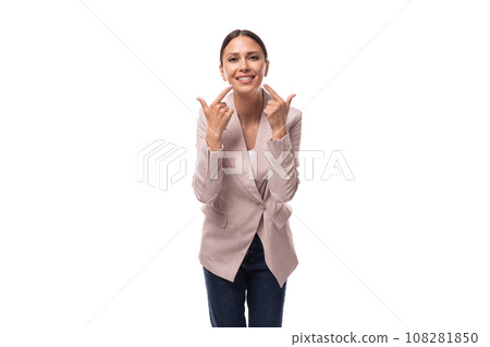 young beautiful brunette with a smooth hairstyle is dressed in a light jacket on a white background 108281850