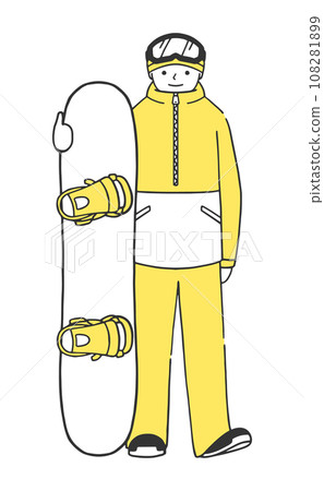 Full body illustration of a male snowboarder wearing snowboarding gear and holding a board Full body illustration of a male snowboarder wearing snowboarding gear and holding a board 108281899