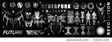 Retro futuristic space print set, cyber vector science fiction graphic element pixel human figure.  108282305