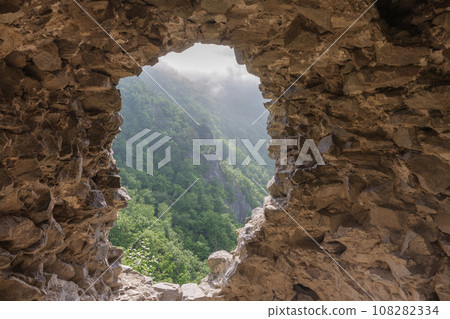 View from ruins of medieval castle Starhrad to valley, Slovakia, Mala Fatra, spring day View from ruins of medieval castle Starhrad to valley, Slovakia, Mala Fatra, spring day 108282334