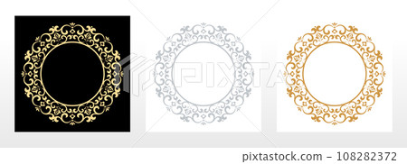 Set of decorative frames Elegant vector element for design in Eastern style, place for text. Floral black, gold and gray borders. Lace illustration for invitations and greeting cards 108282372