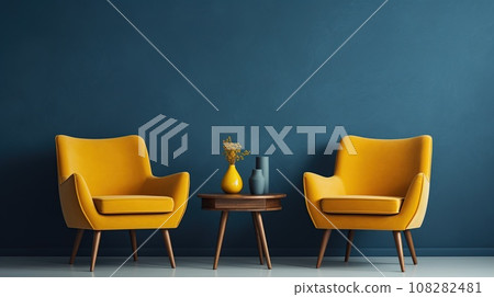 Modern living room with two chair and little table. Blue and yellow colors 108282481