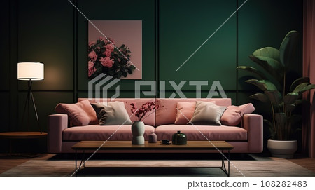 Living room, pink and dark green colors. Interior design 108282483