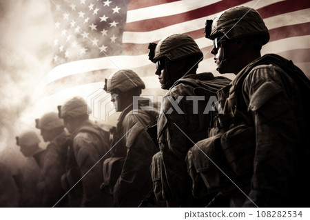 Silhouettes of American army soldiers against the background of the US flag 108282534