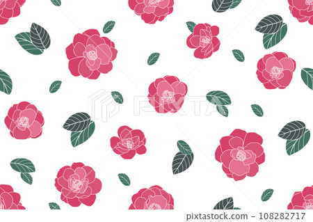 Illustration, pattern of the Camellia flower with leaf on white background. 108282717