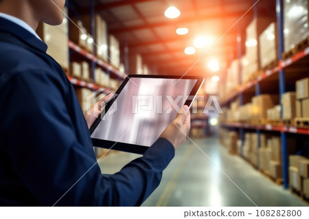 Cropped photo of a businessman with tablet computer at container warehouse. Cropped photo of a businessman with tablet computer at container warehouse. 108282800