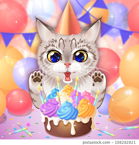 小貓對蛋糕和派對/背景循環氣球感到滿意 108282821