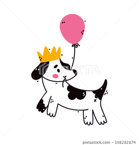 Cute Dog Animal Flying with Balloon Floating in the Air Vector Illustration 108282874