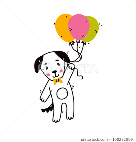 Cute Dog Animal Flying with Balloon Floating in the Air Vector Illustration 108282899
