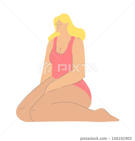 Vacation with Blond Woman Character in Swimsuit Sitting Enjoying Seaside Rest Vector Illustration 108282903