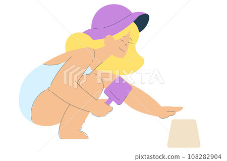 Vacation with Little Girl Character in Hat Playing in Sand Enjoying Seaside Rest Vector Illustration Vacation with Little Girl Character in Hat Playing in Sand Enjoying Seaside Rest Vector Illustration 108282904