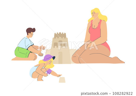 Vacation with Mom and Kids Building Sand Castle Together Enjoying Seaside Rest Vector Illustration Vacation with Mom and Kids Building Sand Castle Together Enjoying Seaside Rest Vector Illustration 108282922
