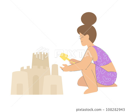 Vacation with Little Girl Character Building Sand Castle Enjoying Seaside Rest Vector Illustration Vacation with Little Girl Character Building Sand Castle Enjoying Seaside Rest Vector Illustration 108282943