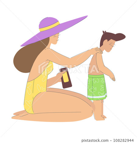 Vacation with Woman Mom and Son Apply Sunscreen on Body Enjoying Seaside Rest Vector Illustration Vacation with Woman Mom and Son Apply Sunscreen on Body Enjoying Seaside Rest Vector Illustration 108282944