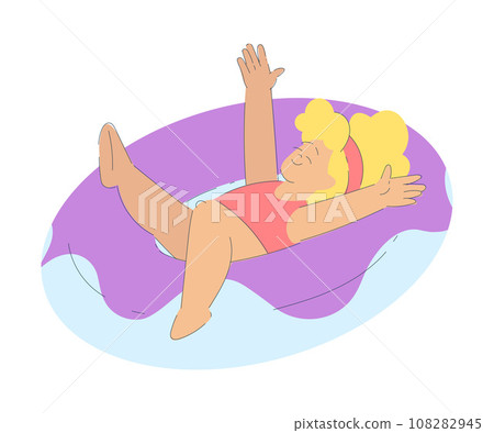 Vacation with Little Girl Character in Swimsuit Floating on Rubber Ring Enjoying Seaside Rest Vector Illustration 108282945