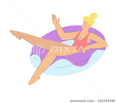 Vacation with Woman Character in Swimsuit Floating on Rubber Ring Enjoying Seaside Rest Vector Illustration Vacation with Woman Character in Swimsuit Floating on Rubber Ring Enjoying Seaside Rest Vector Illustration 108282946