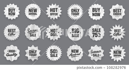 Crumpled paper price tags. Special offer or shopping discount label. Retail paper sticker with cardboard texture. Promotional sale badge. Vector illustration 108282976