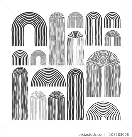 Mid century arch elements, modern geometric shapes. Contemporary design, minimalist art. Hand drawn lines. Trendy design elements for wall decor, posters, books and covers. Vector illustration Mid century arch elements, modern geometric shapes. Contemporary design, minimalist art. Hand drawn lines. Trendy design elements for wall decor, posters, books and covers. Vector illustration 108283008