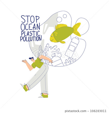 Eco Friendly with Happy Man Character Stop Ocean Plastic Pollution Vector Illustration Eco Friendly with Happy Man Character Stop Ocean Plastic Pollution Vector Illustration 108283011