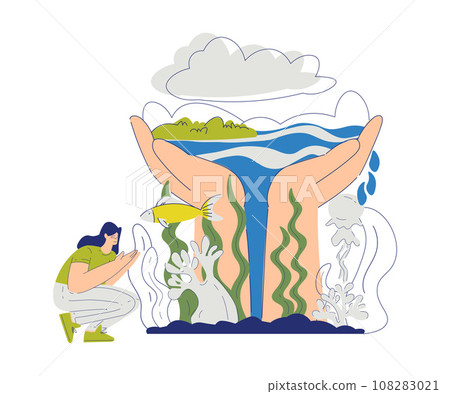 Eco Friendly with Happy Woman Character Near Ocean Water in Hand Palm Vector Illustration 108283021