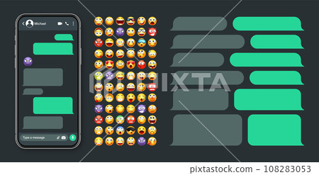 Smartphone messaging app, user interface with emoji. SMS text frame. Chat screen, green message bubbles. Texting app for communication. Social media application. Dark mode. Vector illustration 108283053