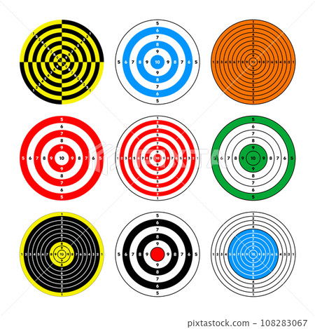 Shooting range paper targets. Round target with divisions, marks and numbers. Archery, gun shooting practise and training, sport competition and hunting. Bullseye and aim. Vector illustration 108283067