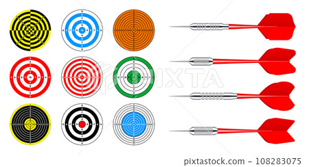 Paper targets with dart arrows. Shooting range round target, divisions, marks and numbers. Gun shooting practise and training, sport competition, hunting. Bullseye and aim. Vector illustration Paper targets with dart arrows. Shooting range round target, divisions, marks and numbers. Gun shooting practise and training, sport competition, hunting. Bullseye and aim. Vector illustration 108283075