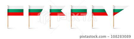 Bulgarian toothpick flags. Souvenir from Bulgaria. Wooden toothpicks with paper flag. Location mark, map pointer. Blank mockup for advertising and promotions. Vector illustration Bulgarian toothpick flags. Souvenir from Bulgaria. Wooden toothpicks with paper flag. Location mark, map pointer. Blank mockup for advertising and promotions. Vector illustration 108283089