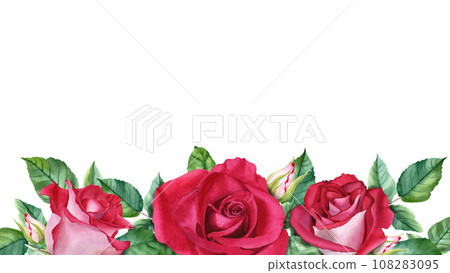 Horizontal banner, border with red rose blooms, buds and leaves. Watercolor Illustration isolated on white for cards, invitation 108283095