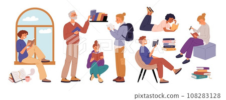 People read books. Students with literature volumes in hands. Readers in library. School education. Smart children learning textbooks and preparing for examination. Garish vector set 108283128