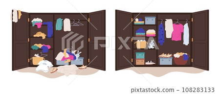 Messy clothes in wardrobe. Putting wears in order home wooden closet. Garments distribution by shelves. Declutter in cabinet. Coats and jeans hanging on hangers. Garish vector concept Messy clothes in wardrobe. Putting wears in order home wooden closet. Garments distribution by shelves. Declutter in cabinet. Coats and jeans hanging on hangers. Garish vector concept 108283133