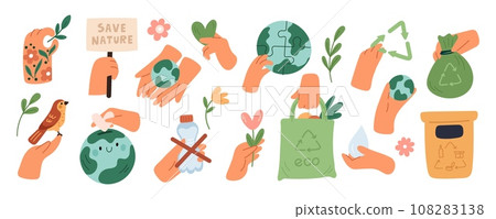 Ecological emblems with human hands. Save planet compositions. Nature conservation. Earth resources caring. Environment protection. Flowers in arms. Garbage recycle. Garish vector set 108283138