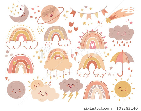Cute Boho rainbows and weather elements. Baby nursery decor. Childish items. Dreaming moon and crescent. Smiling planets. Rain clouds and sun. Scandinavian kids sky. Recent vector set 108283140