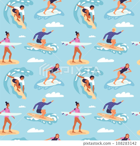 Cartoon surfers seamless pattern. Happy people dissect sea waves on boards. Summer vacation. Beach extreme sport athletes with surfboards. Surfing men and women. Garish vector background Cartoon surfers seamless pattern. Happy people dissect sea waves on boards. Summer vacation. Beach extreme sport athletes with surfboards. Surfing men and women. Garish vector background 108283142