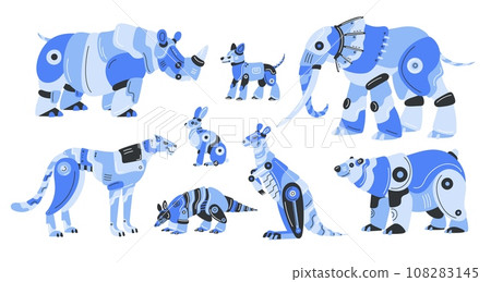 Cartoon cyborg animals. Robotic fauna characters. Mechanical mascots. Futuristic transformers. Metal rhinoceros. Automaton creature. Elephant and bear. Automatic machine. Garish vector set 108283145